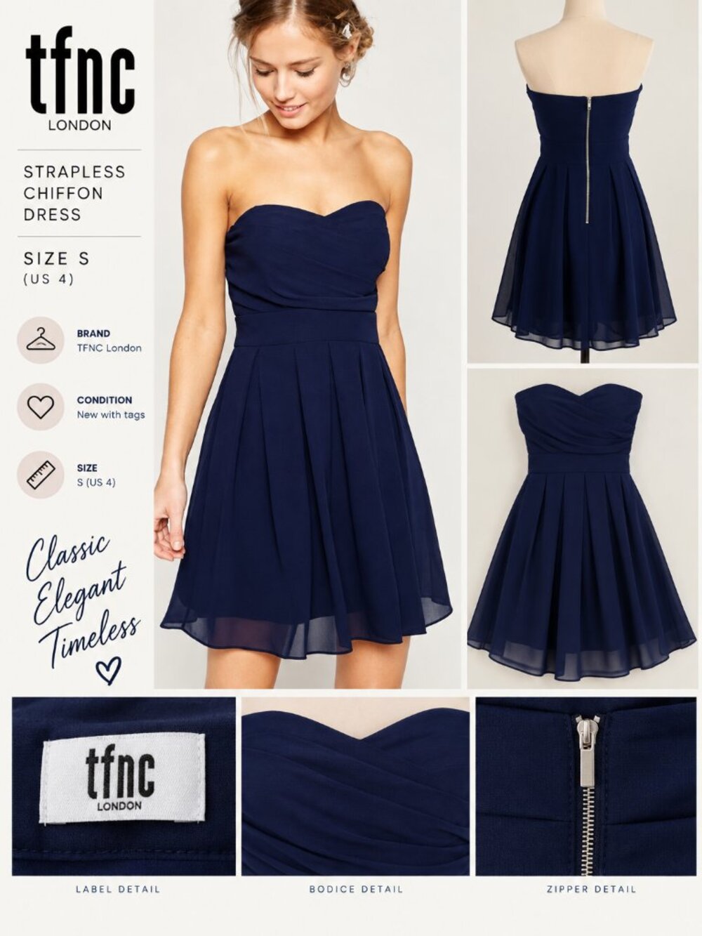 TFNC London Elida Navy Strapless Chiffon Mini Dress S